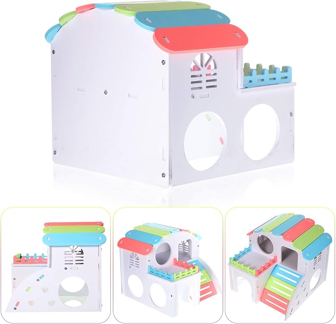 Skylety 3 Pieces Fun Hamster Guinea Pig Hideout Kit, Large, Rainbow Color | Include PVC Hamster House, Rainbow Bridge, Seesaw DIY Exercise Playhouse for Rats Mouse Small Animals