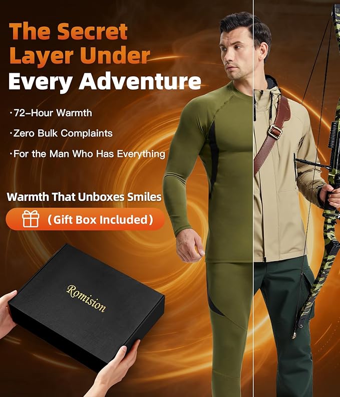 romision 2 Pack Thermal Underwear for Men Long Johns Fleece Lined Hunting Gear Bottom Top Set Base Layer Cold Weather XS-4XL