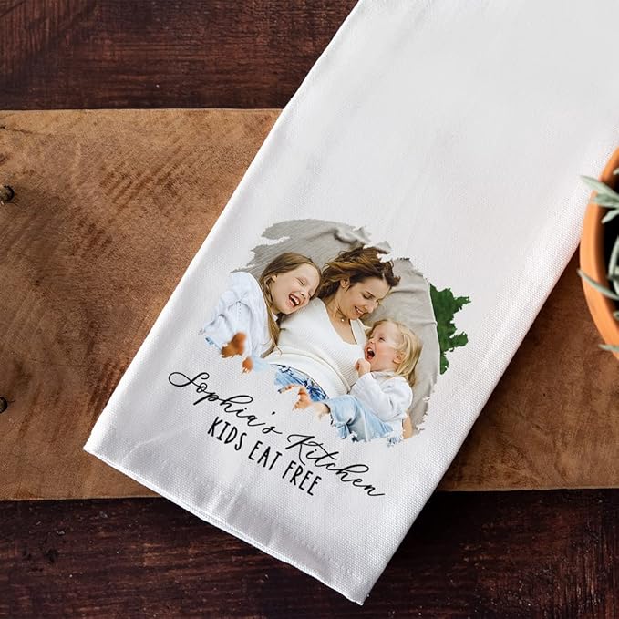 Andaz Press Personalized Kitchen Towel, Flour Sack Tea Towel, Custom Name Kitchen Gifts Custom Photo Design Kids Eat Free Birthday for Mom Daughter, Housewarming Gift, Kitchen Decor