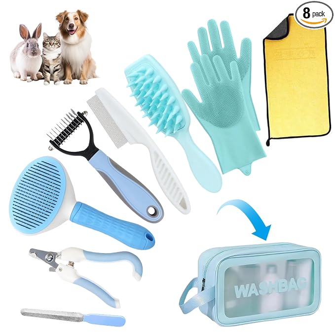 Aglads 8PCS Cat Rabbit Bunny Dog Grooming Kit,Self-Cleaning Brush,Nail Clipper,Grooming Glove,Massage Brush,Flea Comb,Towel&Travel Bag,Complete Grooming Tools for Long&Short Haired Pets(8, blue)