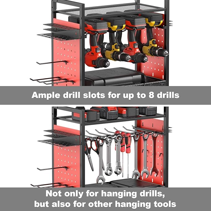 CCCEI Garage Power Tools Organizer Cart with Charging Station, Red Floor Standing Rolling Drill and Tools Battery Storage Cart on Wheels. Utility Rack Gift for Men, Husband, Father.