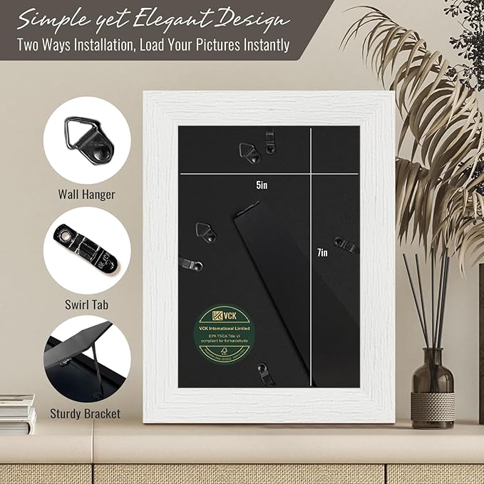 VCK 5x7 Picture Frames white Set of 6, Wide Border Wood Poster Frame, Multi-Directional Display Family Photos, Office Prints, Studio/Gallery Artwork, Woodgrain Series, Tabletop & Wall Hanging