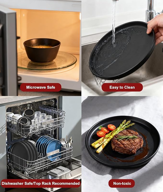 Matte Black Dish Plates and Bowls,16 Pieces Dinnerware Sets, Service for 4 Ceramic Dishware Dishes Set,Microwave and Dishwasher Safe