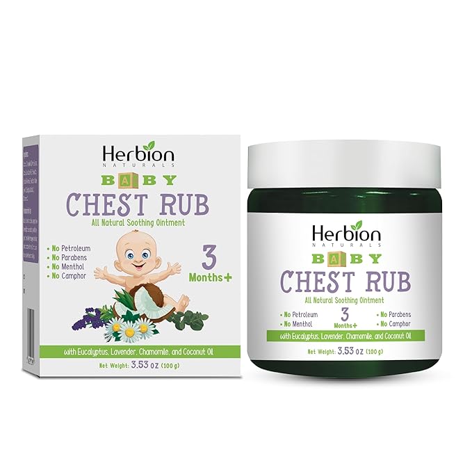 HERBION Naturals Baby Chest Rub, Ages 3 Months+, All-Natural Soothing Ointment with Coconut Oil, Eucalyptus, Lavender, Chamomile, Shea Butter, Petroleum & Menthol-Free, Non-GMO, 3.53 Oz, Pack of 1
