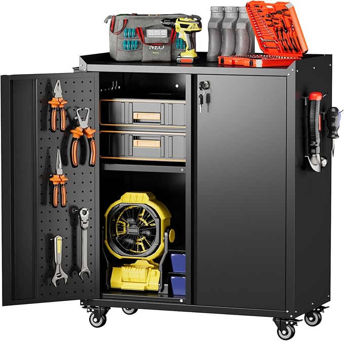 Metal Storage Cabinets with Door Pegboard,Lockable Garage Storage Cabinets with Wheels for Garage, Home, Office,Assembly Required,Black,13.8" D x 26" W x 31.5" H