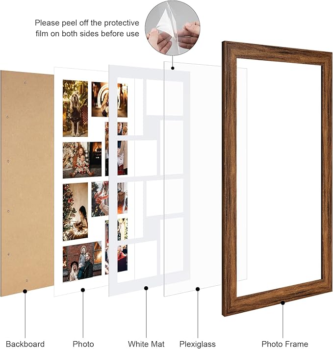 11.8x21.8 Picture Frame Display 8 opening 4X6 Picture Frame Collage,Multi Photo Frame with Mat,Plexiglass,Wall or Tabletop Decor,Carbonized Brown Wood Grain