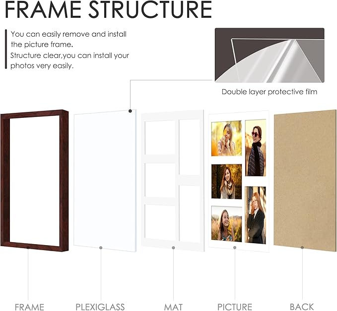 11x14 Collage Picture Frame 4x6 Collage Picture Frame Displays Five 4x6 inch Photos or 11x14 (Without Mat) Wall Decor Wall Hanging or Tabletop Redwood