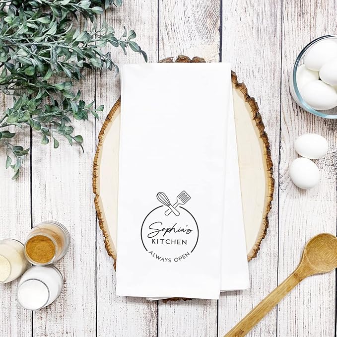 Andaz Press Personalized Kitchen Towel, Flour Sack Tea Towel, Custom Name Kitchen Always Open Birthday for Mom Daughter, Grandma Housewarming Gift for Couples, Kitchen Decor