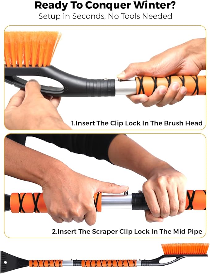 EcoNour 43" Ice Scrapers for Car Windshield Extendable | 3 Parts Detachable Telescopic Snow Brush for Car, Trucks, SUV | Long Snow Scraper with Brush | Car Winter Accessories (2 Pack)