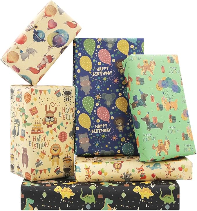 Geluode Birthday Wrapping Paper for Boys Kids Girls, Happy Animals Party Dinosaur Design Kraft Gift Wrap Paper, Happy Birthday Wrapping Paper 6 Sheets Folded Flat 20x28 inches per Sheet