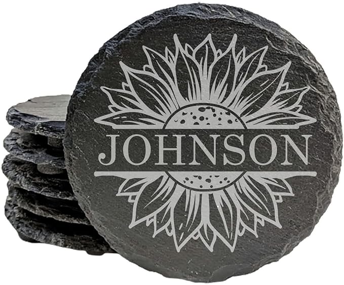 Personalized Monogram Family Coasters, Natural Stone Set, Birthday, Wedding, Customized, Rustic - Round Slate - Set of 8