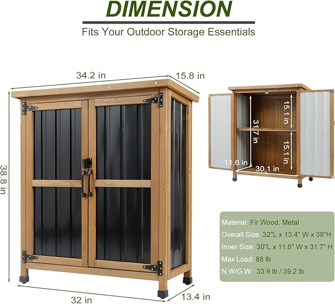 Ketive Outdoor Storage Cabinet, Wood & Metal Small Garden Tool Storage Cabinet with Weather-Resistant Asphalt Roof, Double Lockable Doors & Removable Shelves for Porch, Patio, Garden, Backyard