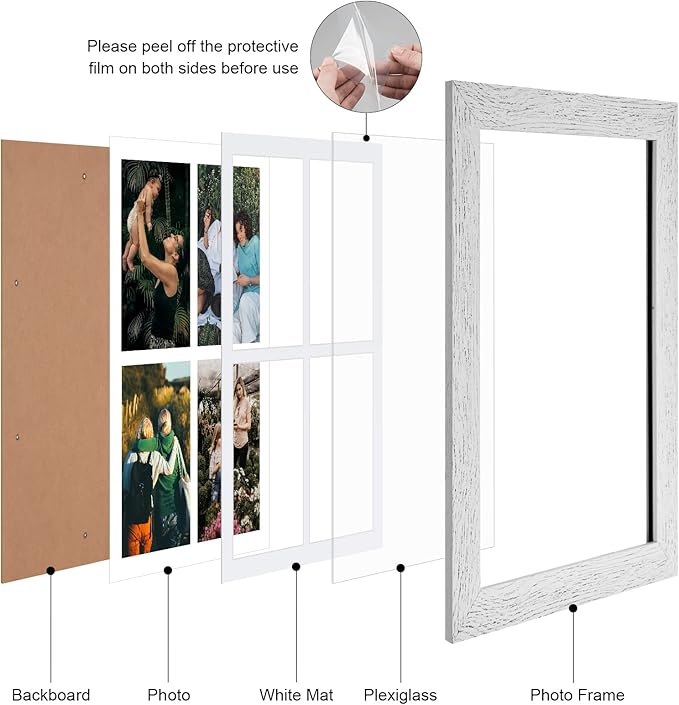 11x15 Picture Frame Display 4 opening 5x7 Picture Frame Collage,Multi Photo Frame with Mat,Plexiglass,Horizontal and Vertical Formats for Wall Decor,Distressed White Wood Grain