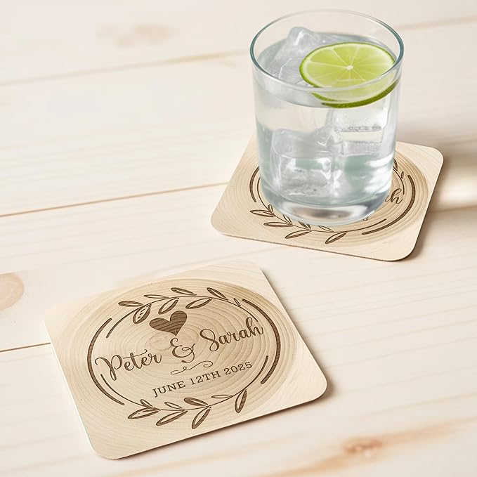 20 Pack Personalized Wedding Coasters, Custom Cardboard Coasters for Drinks with Photo Print and Text, Keepsake Wedding Favors and Gifts for Couples, 4x4 Square, Design 1