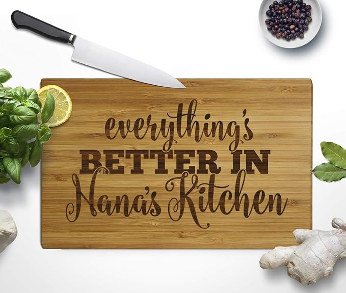 Andaz Press Laser Engraved Small Bamboo Wood Cutting Board, 9.5 x 6-inch, Everything is Better in Nana's Kitchen, 1-Pack Grandma Mother's Day Mom's Birthday Grandma Cutting Board Grandma Gift Ideas