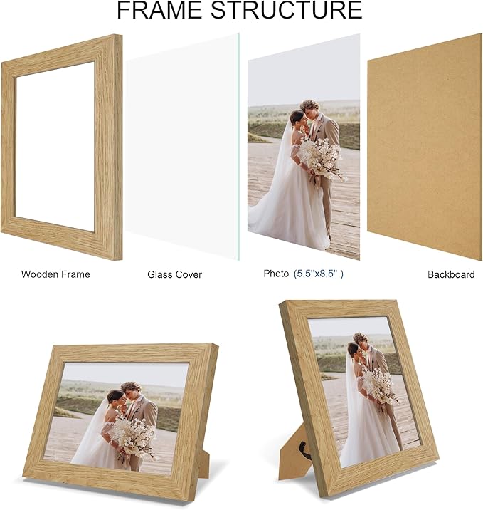 5.5x8.5 Picture Frame Set of 4, Made of Real Glass and Natural Oak Frame, 5.5 by 8.5 Photo for Wall or Tabletop