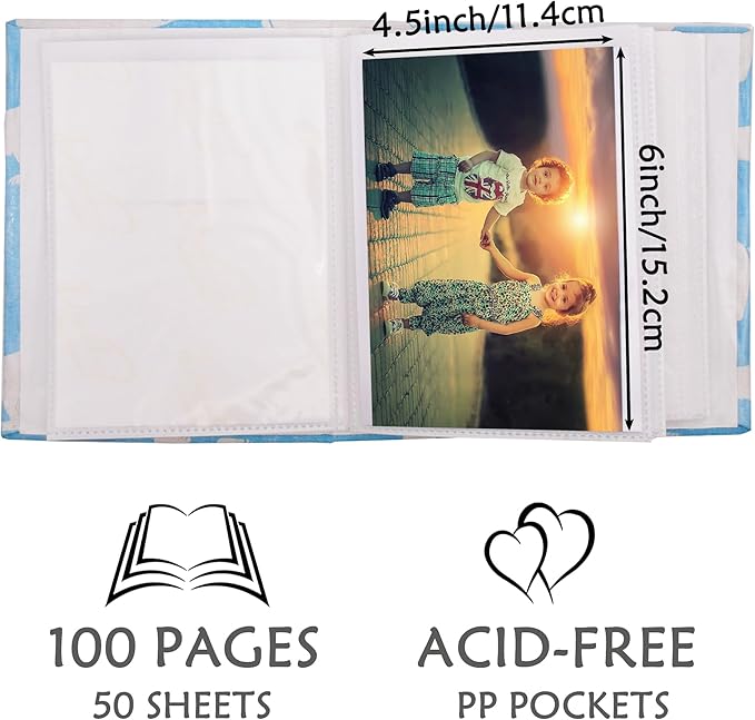 Small Photo Album for Kids, 100 Pockets 4x6 Bookshelf Baby Picture Album, Slip-in Linen Cover Photo Book for Family(Kitty)