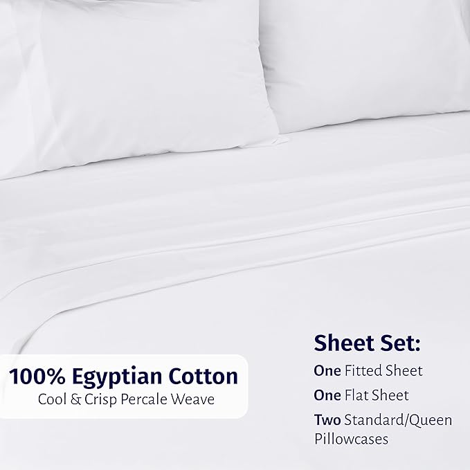 California Design Den Certified 100% Egyptian Cotton Sheets Queen Size Bed Set - Lightweight & Crisp Percale Queen Sheet Set Deep Pocket, Cool & Durable Luxury Bedding - White