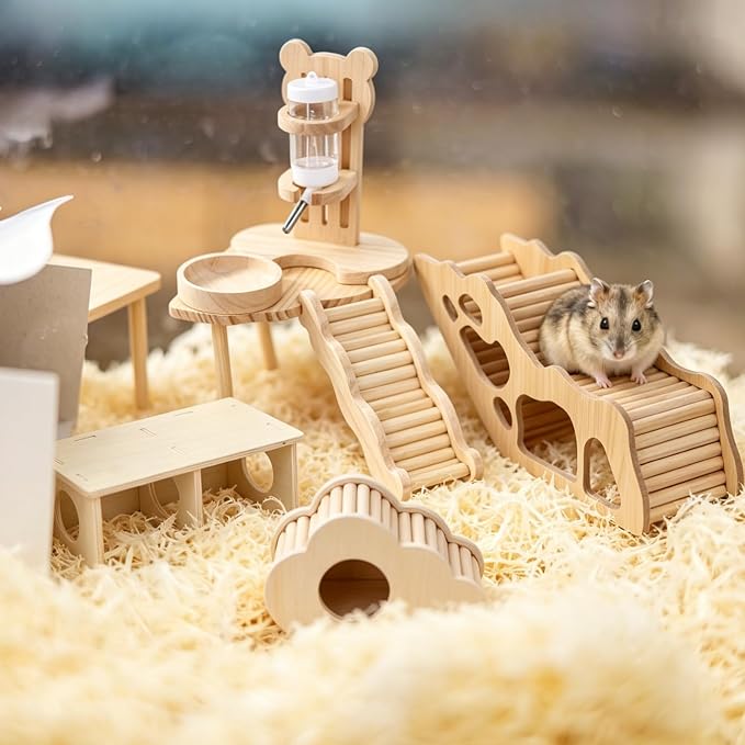 8 Pcs Hamster Platform Hideout Hamster Cage Accessories Wooden Bridge Tunnel Climbing Ladder Playhouse Maze House Platform Feeding Bowl Water Bottle Set for Dwarf Hamsters Gerbils Small Animals Pet