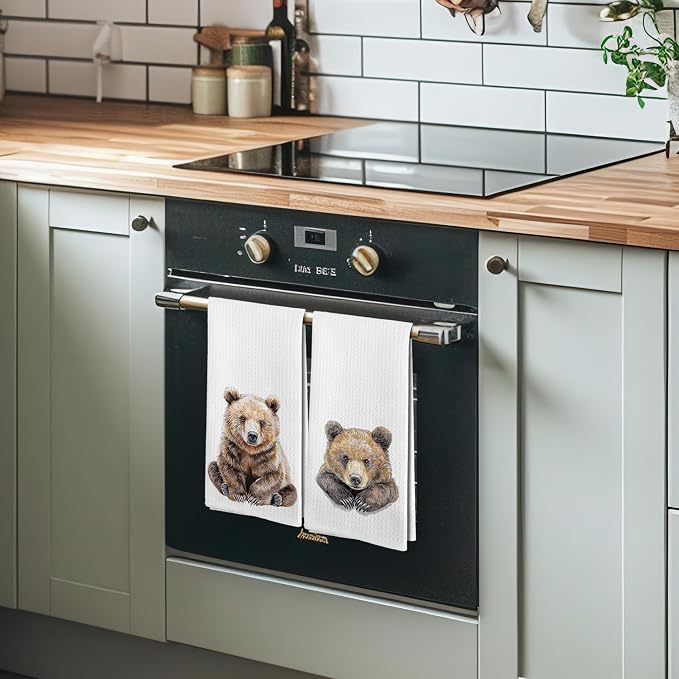 Funny Bear Kitchen Towels and Dishcloths Sets of 2, Bear Decor Gifts, Woodsy Rustic Cabin Lodge Forest Mountain Nursery Camper Home Decor Dish Hand Tea Towels for Bathroom Kitchen, 16x24 Inch
