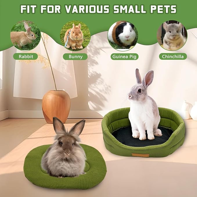 Rabbit Bed,Soft & Washable Bunny Bed with Cozy Removable Mat, Small Animal Cuddle Cup Hideout for Guinea Pig,Chinchilla, Hedgehog, Ferret (Green)
