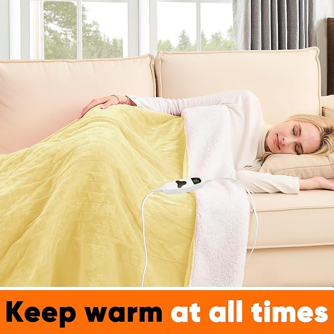 greenoak Heated Blanket Electric Full 72"X84", Heating Blankets with 10 Heat Levels /8 Hours Auto-Off, Soft Flannel Sherpa Fluffy House Warming Gifts for Grandma Seniors Mom,Cream Yellow