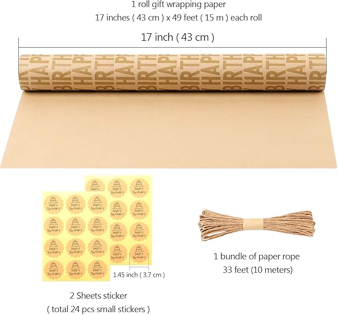 MAMUNU Birthday Wrapping Paper Roll, Brown and Gold Kraft Happy Birthday Wrapping Paper Jumbo Roll, Gift Wrap Paper Set for Men Women Boys Girls, 17Inch × 33Feet