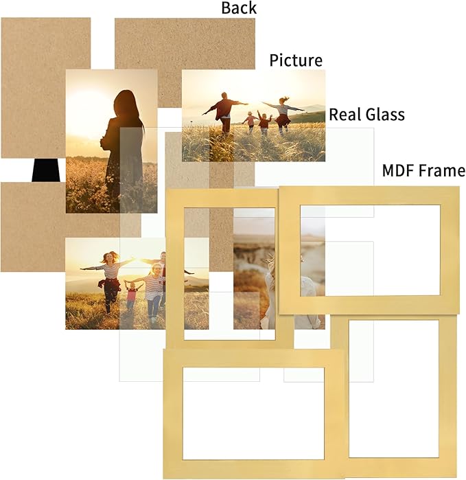 4x6 Collage Picture Frame,4 Photo Frame with Real Glass,Family Picture Frame Collage Wall Hanging or Tabletop Display,Gold