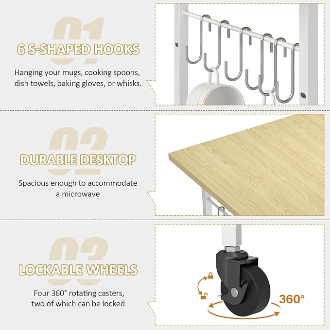 ThreeHio Rolling Kitchen Microwave Cart, 3 Tier Microwave Table Stand with Adjustable Shelf, Kitchen Storage Rack on Wheels, Coffee Station Cart Rack Shelf Organizer for Living Room Office, Balcony