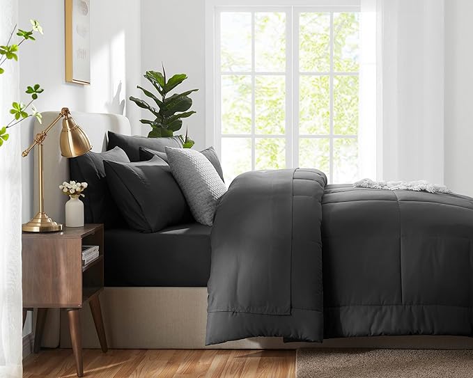 CozyLux California King Comforter Sets Dark Grey, 7 Pieces Cal King Bed in a Bag, All Season Bedding Sets with Stitch Quilted Comforter, Flat Sheet, Fitted Sheet, Pillowcases