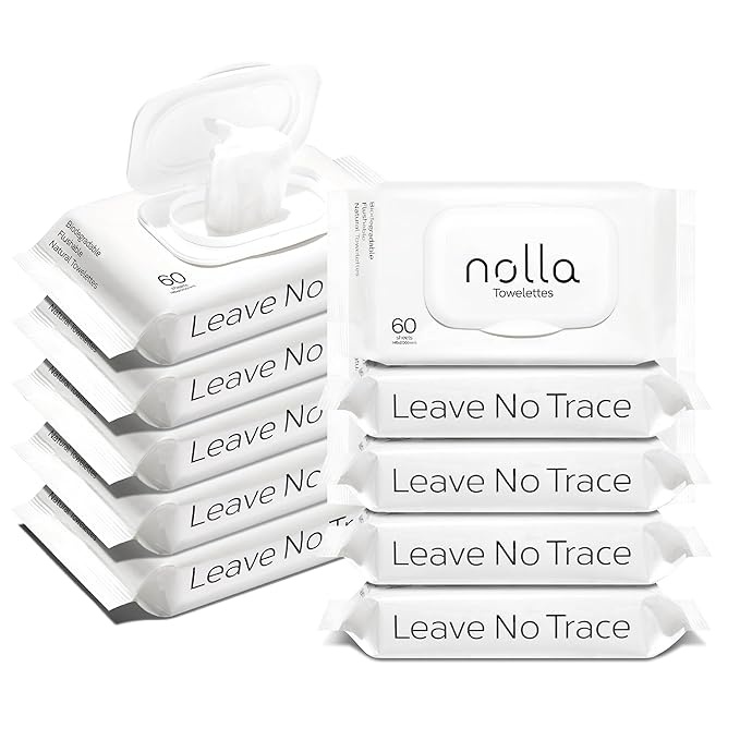 Nolla Flushable Wipes | 100% Plant-Based and Biodegradable - Soft, Unscented + Soothing Aloe and Vitamin E - For Adults and Kids 600 Count (10 Packs of 60)