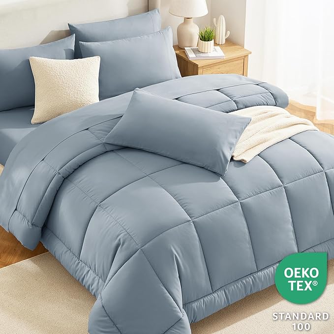 CozyLux Twin Comforter Set with Sheets Grayish Blue, 5 Pieces Bed in a Bag, Dusty Blue Comforter Twin Size, All Season Bedding Set with Stitch Quilted Comforter, Flat Sheet, Fitted Sheet, Pillowcases