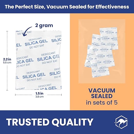 Wallaby 2 gram (100 Packets) Food Safe Pure White Silica Gel Desiccant Dehumidifier Packs - Rechargeable & Coated Moisture Absorbers - Protects Against Moisture Damage - (Packed in 20x Sets of 5)