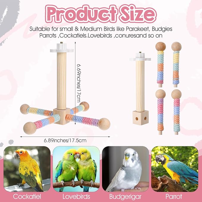 Bird Perch Stand with Chew Ball Toys Upgraded Parrot Perch Toy Rotating for Small & Medium Birds Wooden Stand Bird Cage Accessories for Parakeets Cockatiels Conures Finches Budgies