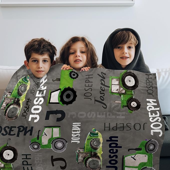 Personalized Tractors Blanket - Custom Name with Farm Tractor Trucks Design - Soft Plush Flannel Bed Blanket for Baby Kid Teen Boys Girls Customized Gifts Grey