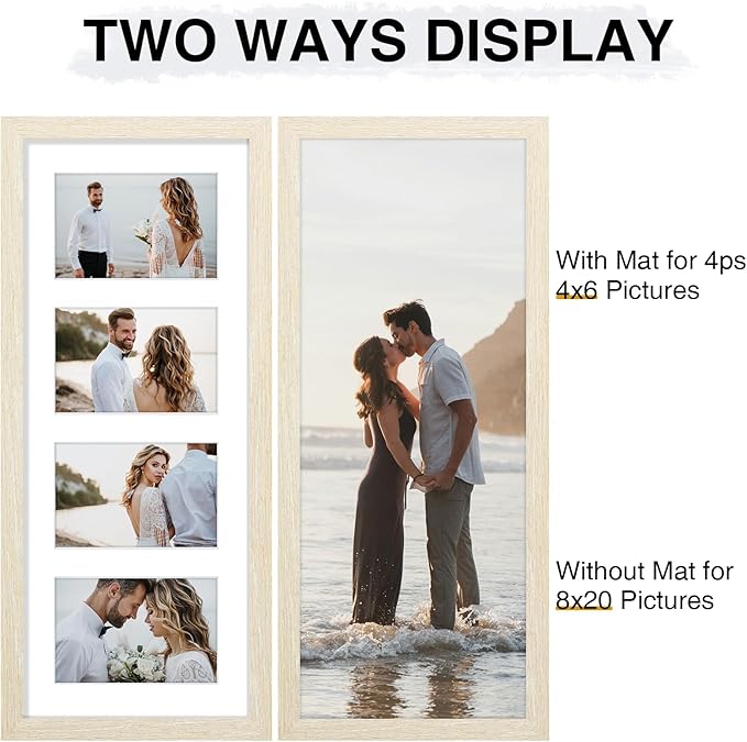 Vittanly 8x20 Collage Picture Frame, Displays 4Pcs 4x6 Pictures with Mat or 1Pcs 8x20 without Mat, Picture Frames Collage Wall Decor for Horizontal or Vertical Display, Cornsilk, 1 Pack