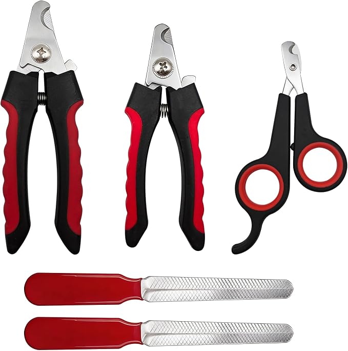 5Pcs Dogs and Cats Grooming Nail Clippers Kit Pet Claws Nail Clipper Trimmers, with Protective Guard Lock to Avoid Over Cutting, Professional Trimmers for Large and Small Cat and Dog (Red and Black)
