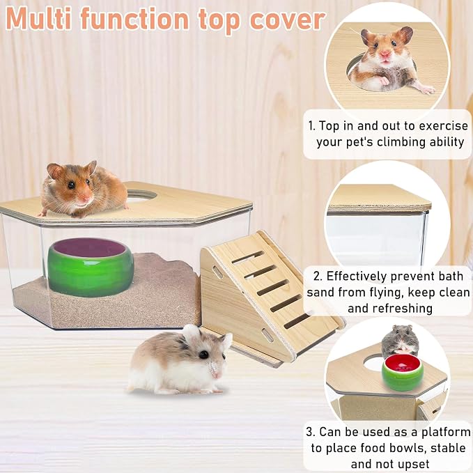 PINVNBY Hamster Sand Bath Box, Transparent Acrylic Sand Bath Shower, Gerbils Digging Room Container with Climbing Ladder and Ceramic Bowl, Litter Box for Hamsters Guinea Pigs Mice (Triangle)