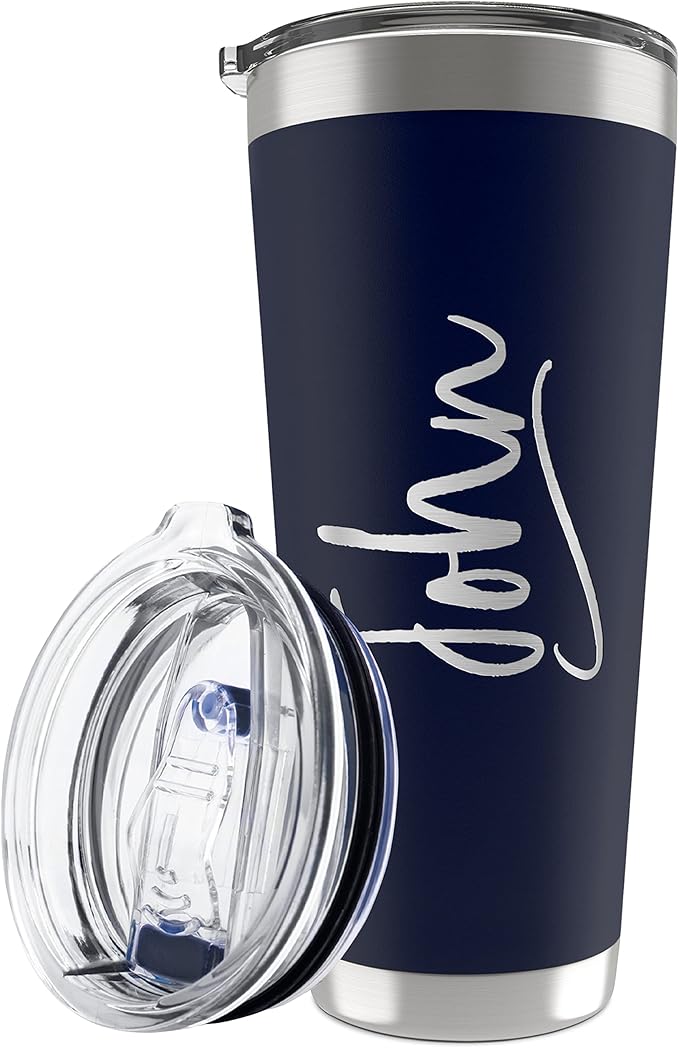 Personalized Tumbler with Engraved Name - 12 Designs, 30 Oz Coffee Tumbler with Slider Lid, Navy Blue, Double Wall Insulated - Custom Gifts for Men & Women