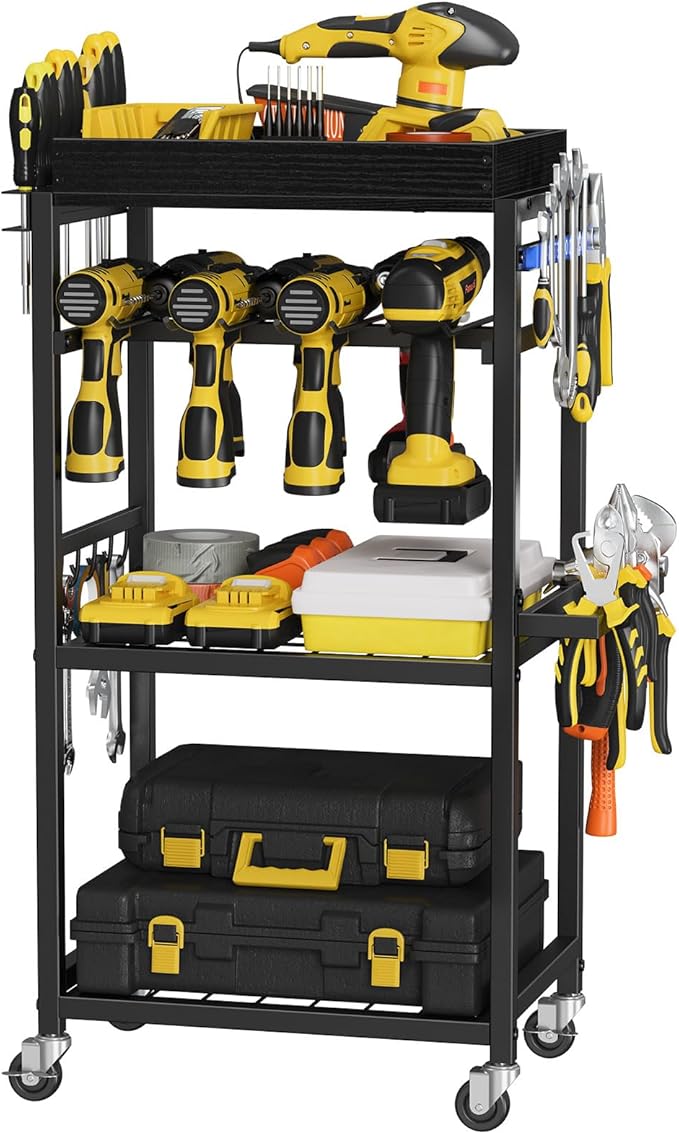 Snughome 4-Tier Tool Organizer Cart with Magnetic Tool Holder Strip, Tool Rack for Garage 300 lbs Heavy Duty Utility Rack for Workshop, Rolling Power Drill Holder & Tool Storage Cart, Gift for Men