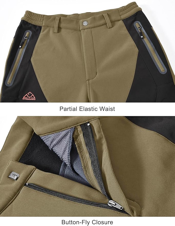 TBMPOY Men's Snow Pants Fleece Lined Hiking Winter Waterproof Softshell Ski Outdoor Insulated Climbing Pants Zipper Pockets