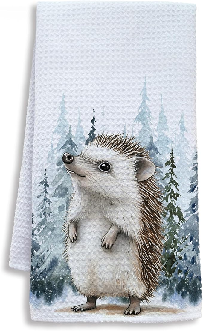 Winter Christmas Hedgehog Kitchen Towels, Hedgehog Gifts Dish Tea Towels for Kitchen, Winter Pine Tree Forest Decorative Hand Towel for Kids Bathroom Decor, 16x24 Inch