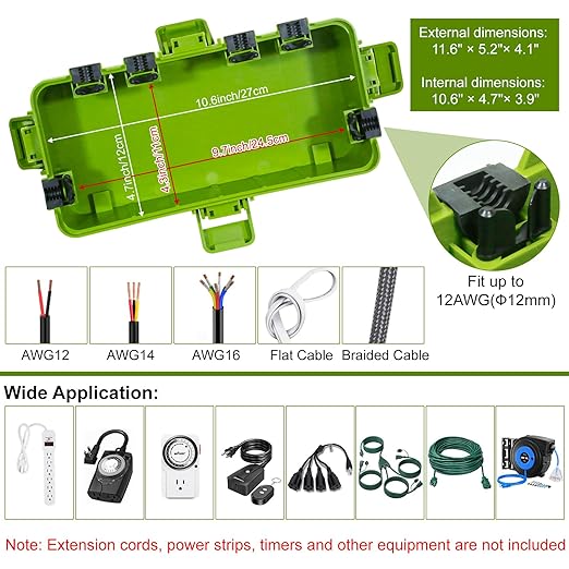 [2 Pack] Outdoor Electrical Box Waterproof, OUTDSPLY Medium Outdoor Electrical Box (11.6x5.2x4.1 inch)w/ 6 Cable Entry, Weatherproof Connection Box for Power Strip, Plug, Timer, Holiday Lights, Green