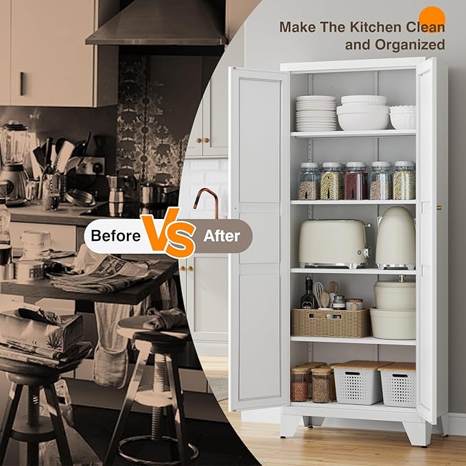 Yizosh Metal Storage Cabinet with 2 Doors and 4 Adjustable Shelves - 71" White Kitchen Pantry Storage 4-Tier Tall Steel Cabinets Locker for Kitchen, Living Room, Dining Room