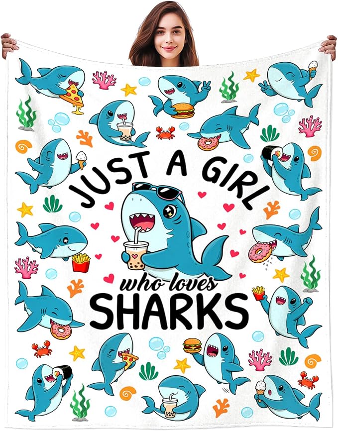 Shark Gifts Blanket for Women Girls Just A Girl Who Loves Sharks Blankets and Throws Stuff Shark Themed Gifts for Women Girls Kids Adults Animal Sharks Lovers Birthday Decorations Room Decor 60"X50"