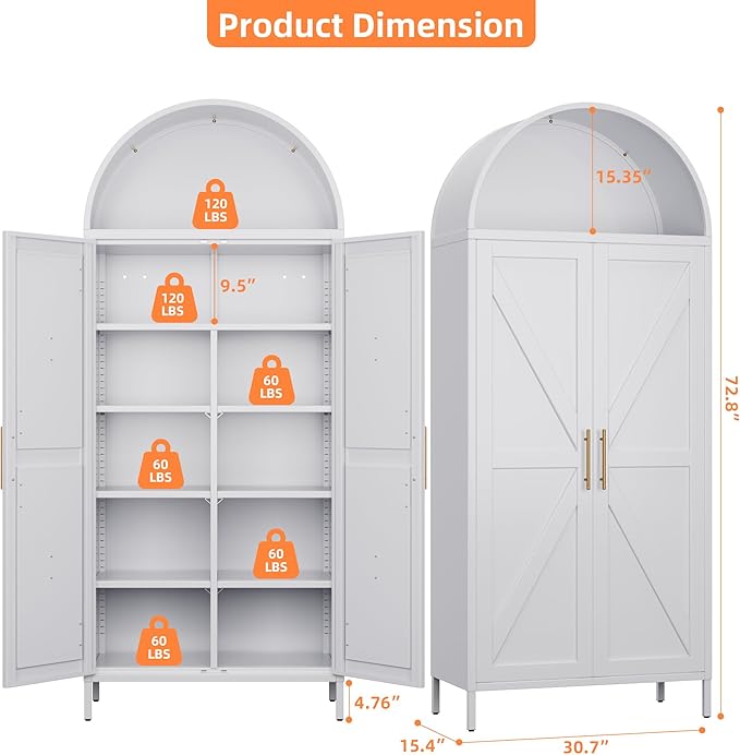 Arched Kitchen Pantry Cabinet with 6 Adjustable Shelves, Metal White Arched Cabinet with 2 Doors for Kitchen,Living Room, Assemble Required,15.4" D x 30.7" W x 72.8" H