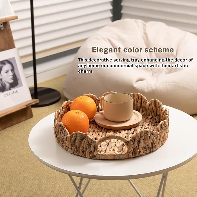 2-Pack Wicker Basket Tray, Round Serving Tray with Handles, Rattan Woven Decorative Tray, Natural Water Hyacinth Scalloped Tray for Home Decor and Desk Organizer