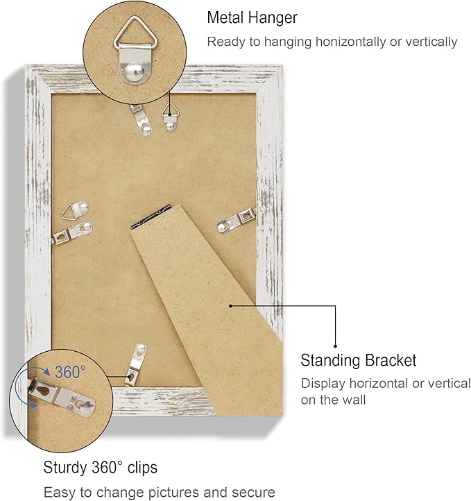 5.5x8.5 Picture Frame Set of 4, Made of Real Glass and Distressed White Frame, 5.5 by 8.5 Photo for Wall or Tabletop