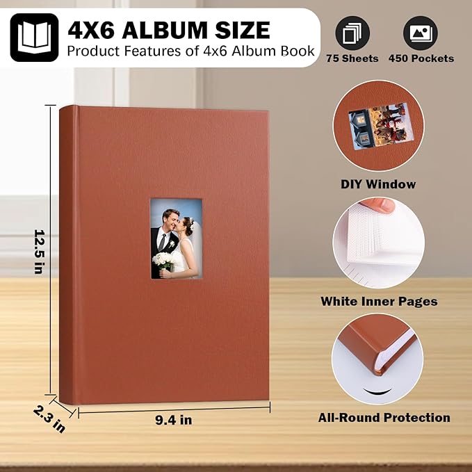 Ruibytree Photo Album 4x6 450 Photos with Writing Space,PU Leather Cover with Front Window Picture Album,4 x 6 Photo Book for Wedding Kids Travel Family Baby Vacation Couple (Brown)