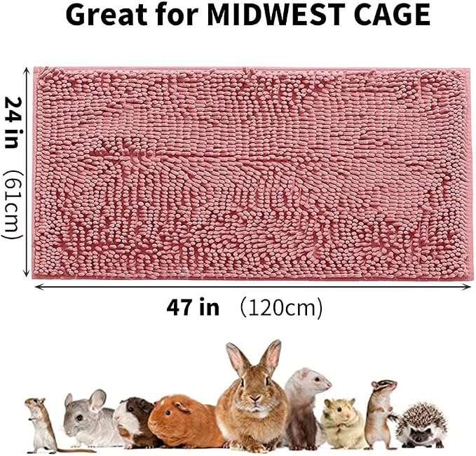 Guinea Pig Fleece, 47x24 in Cage Liner, Washable Non-Slip Mat（Pink） | Chenille fleece, absorbent 3-layer design, non-slip TPR backing, machine washable, for small animal cages